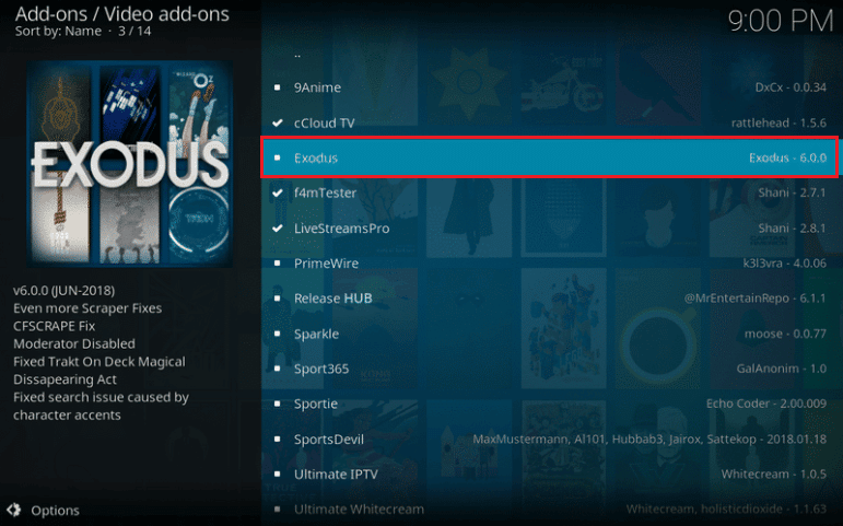 Clique no complemento Exodus 6.0.0. Corrigir o erro de pesquisa Kodi no Windows 10