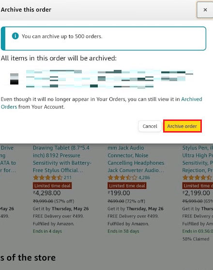 Açılır pencere onayı için Siparişi bir kez daha arşivle'ye dokunun | Amazon Siparişlerini Nasıl Gizlerim?