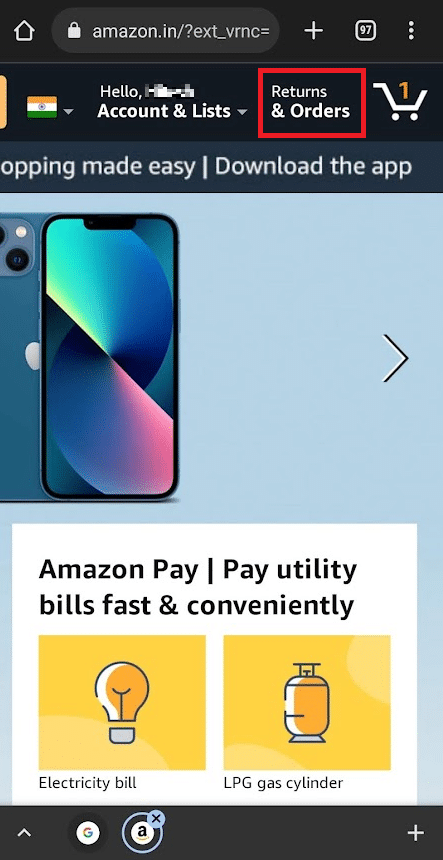 appuyez sur Retours et commandes dans le coin supérieur droit de la page | Comment masquer les commandes Amazon