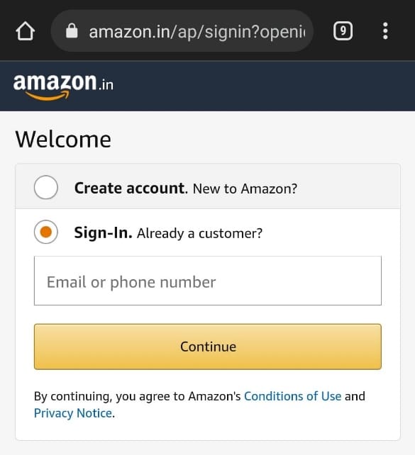 Entrez les e-mails et appuyez sur continuer et entrez le mot de passe | Comment masquer les commandes Amazon