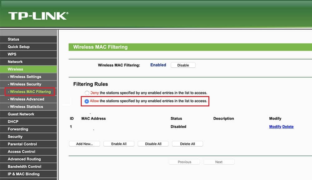 Wireless-Router MAC-Filtering