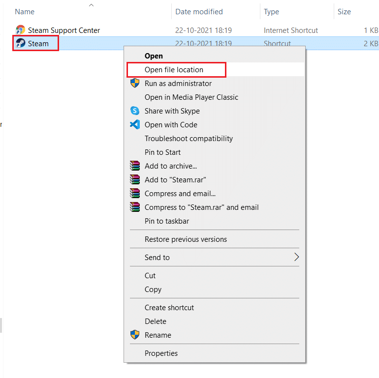 faceți clic dreapta pe fișierul de comandă rapidă Steam și selectați opțiunea de deschidere a locației fișierului. Remediați jocul Steam dezinstalat aleatoriu