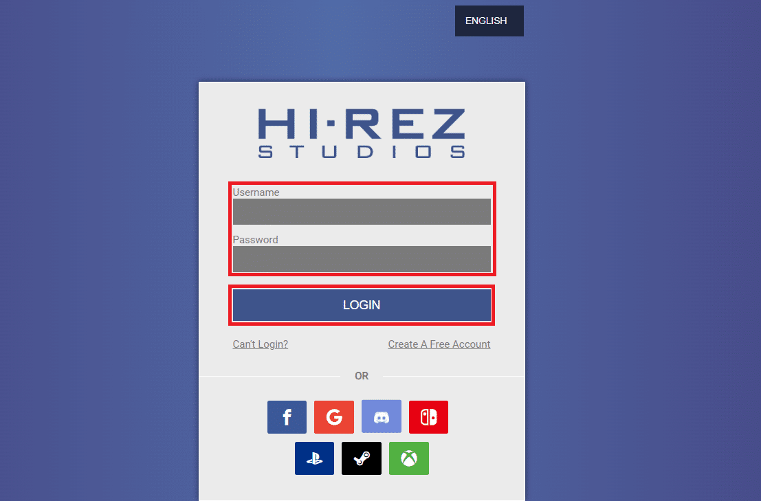 Vizitați pagina de conectare a Hi-Rez Studios și introduceți numele de utilizator și parola și faceți clic pe LOGIN