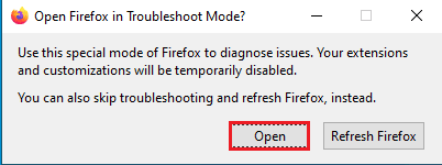 Faceți clic pe butonul Deschidere de pe Restart Firefox în modul de depanare