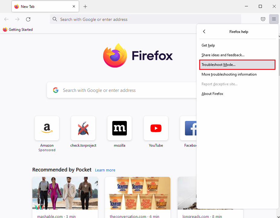 Klik pada Mode Pemecahan Masalah… di jendela bantuan Firefox