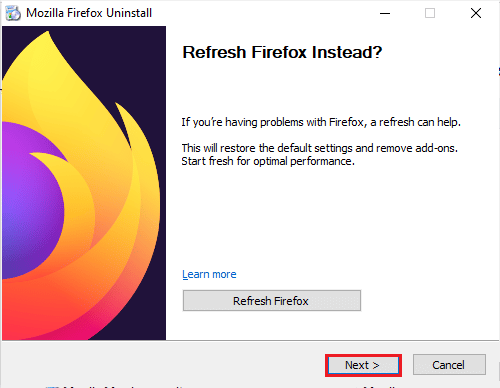 Haga clic en el botón Siguiente en la ventana de desinstalación de Mozilla Firefox