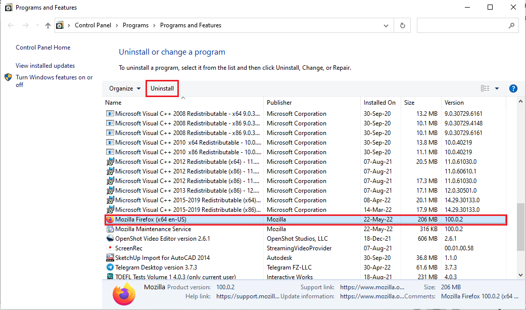 Sélectionnez Mozilla Firefox et cliquez sur le bouton Désinstaller. Correction de Mozilla Firefox n'a pas pu charger l'erreur XPCOM sous Windows 10