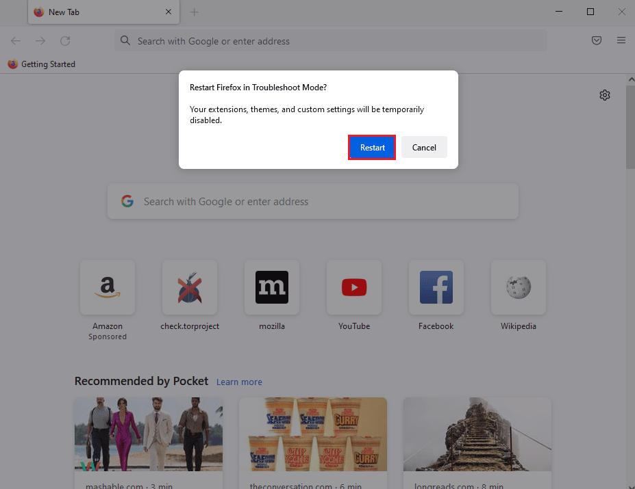 Klik tombol Restart pada Restart Firefox dalam Mode Pemecahan Masalah. Perbaiki Mozilla Firefox Tidak Dapat Memuat Kesalahan XPCOM di Windows 10