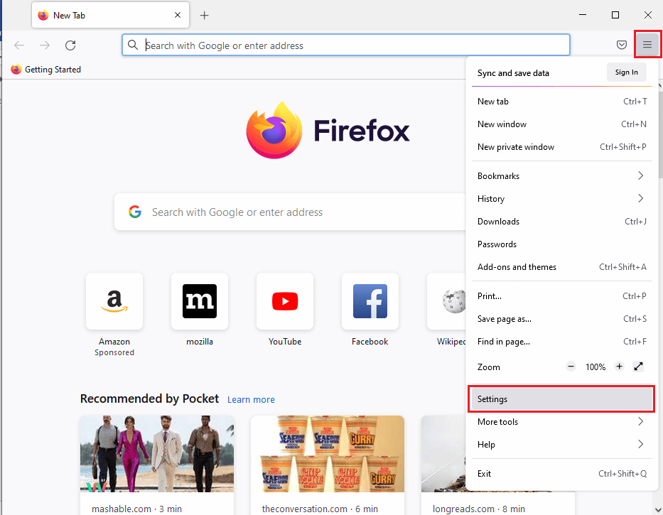 нажмите на опцию «Настройки». Исправить Mozilla Firefox не удалось загрузить ошибку XPCOM в Windows 10