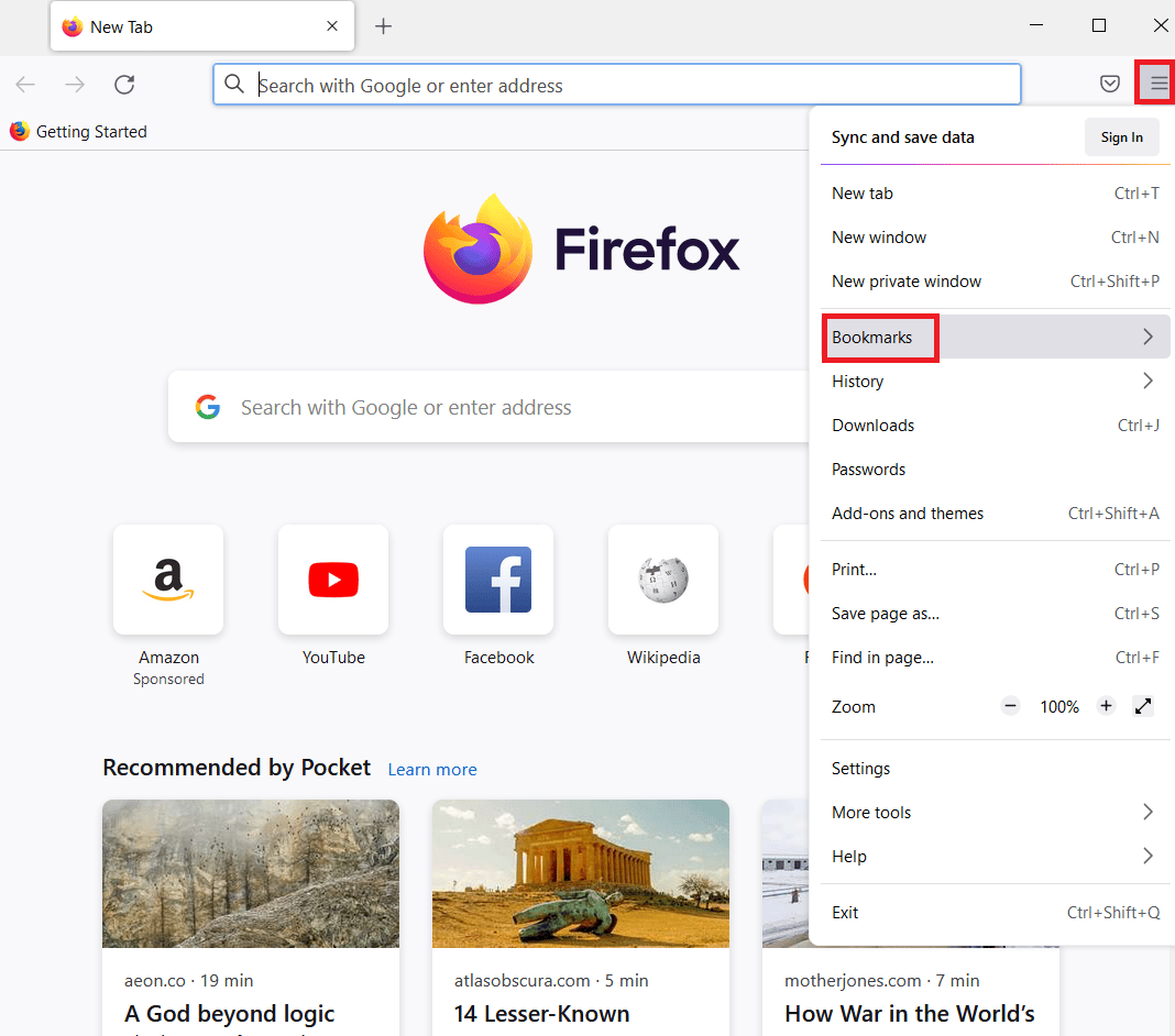 kliknij opcję Zakładki na wyświetlonej liście. Napraw Mozilla Firefox nie mógł załadować błędu XPCOM w systemie Windows 10