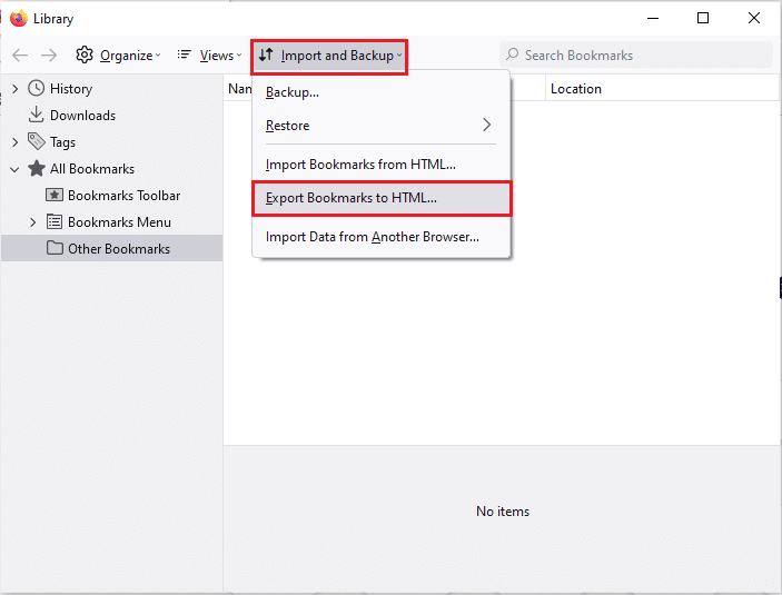 haga clic en la opción Exportar marcadores a HTML. Arreglar Mozilla Firefox no pudo cargar el error XPCOM en Windows 10