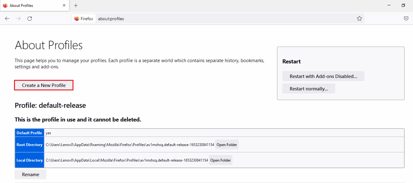 Faceți clic pe butonul Creați un profil nou. Remediați eroarea Mozilla Firefox care nu a putut încărca XPCOM pe Windows 10