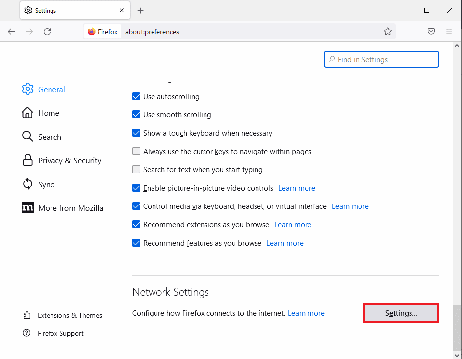 cliquez sur le bouton Paramètres… dans la section Paramètres réseau. Correction de Mozilla Firefox n'a pas pu charger l'erreur XPCOM sous Windows 10