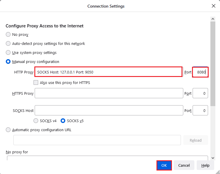 Geben Sie SOCKS-Host 127.0.0.1 Port 9050 in das Feld „HTTP-Proxy“ und 8080 in das Feld „Port“ ein