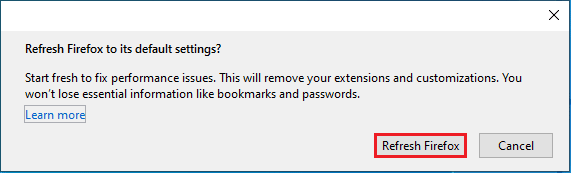 Klicken Sie im Fenster „Firefox auf Standardeinstellungen aktualisieren“ auf die Schaltfläche „Firefox aktualisieren“.