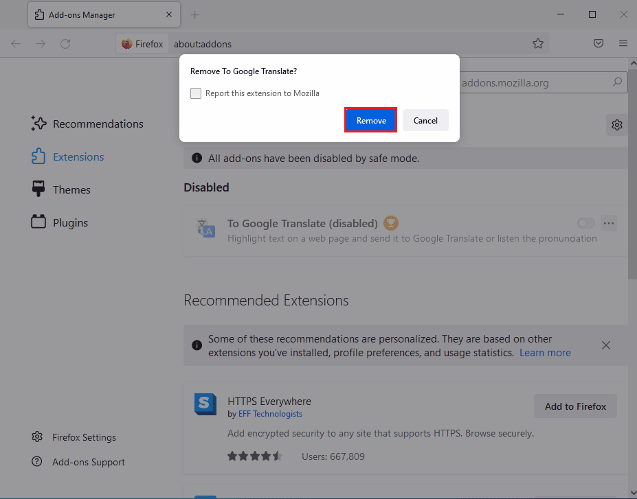 Haga clic en el botón Eliminar. Arreglar Mozilla Firefox no pudo cargar el error XPCOM en Windows 10