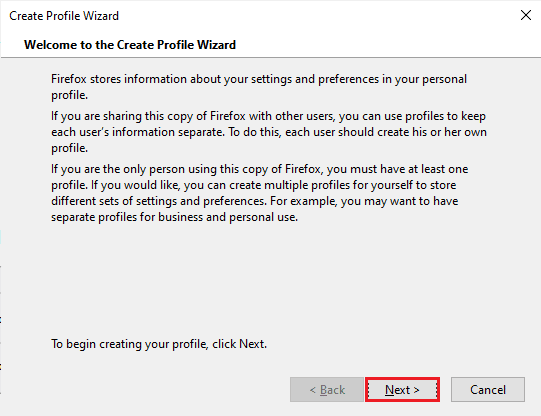 Haga clic en el botón Siguiente. Arreglar Mozilla Firefox no pudo cargar el error XPCOM en Windows 10