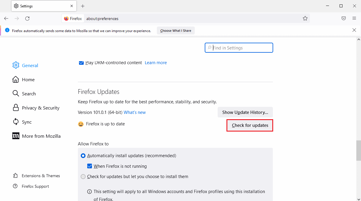 คลิกที่ปุ่ม Check for updates ในส่วน Firefox Updates