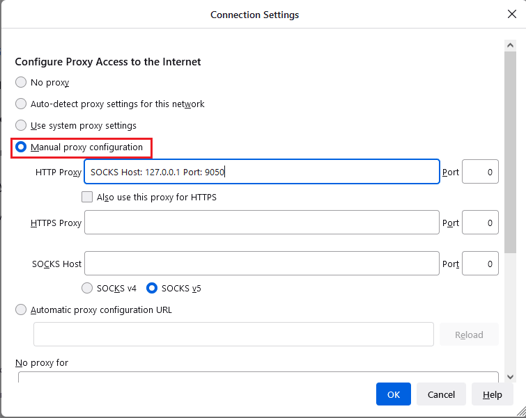 Wählen Sie die Option Manuelle Proxy-Konfiguration im Fenster Verbindungseinstellungen