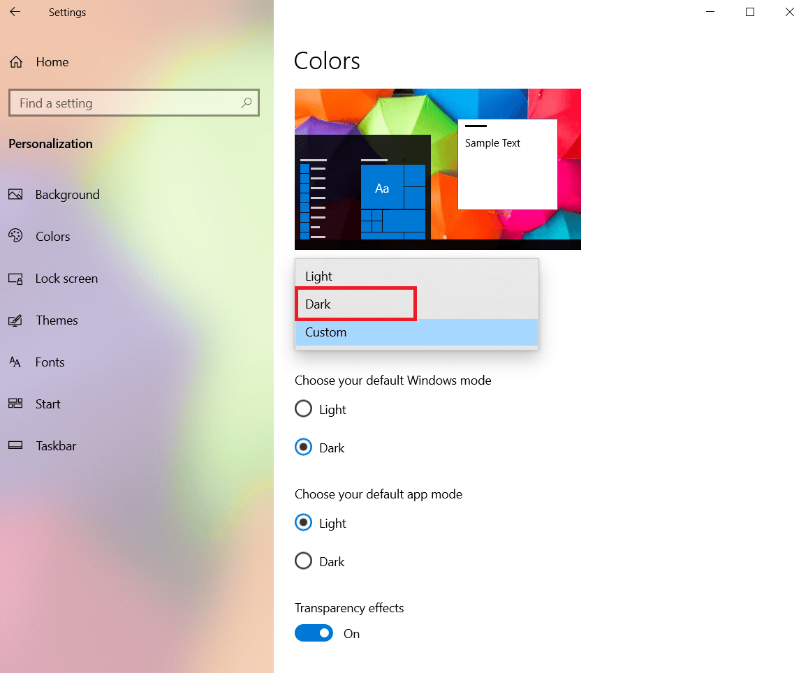 selecione as configurações de personalização do tema de cor escura. Corrigir o tema escuro do File Explorer não funciona no Windows 10