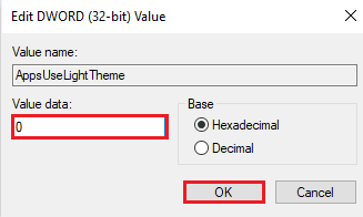 Modificare i dati del valore su 0 e fare clic su OK. Risolto il problema con il tema scuro di Esplora file che non funziona su Windows 10