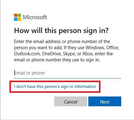 Wählen Sie Ich habe keine Anmeldeinformationen für diese Person