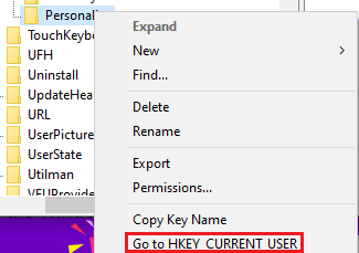 Sélectionnez Aller à HKEY CURRENT USER. Correction du thème sombre de l'explorateur de fichiers ne fonctionnant pas sous Windows 10