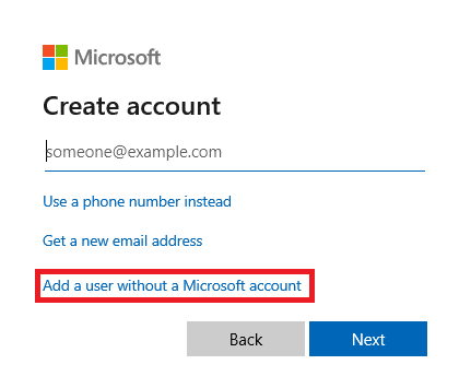 Microsoftアカウントなしでユーザーを追加するを選択します