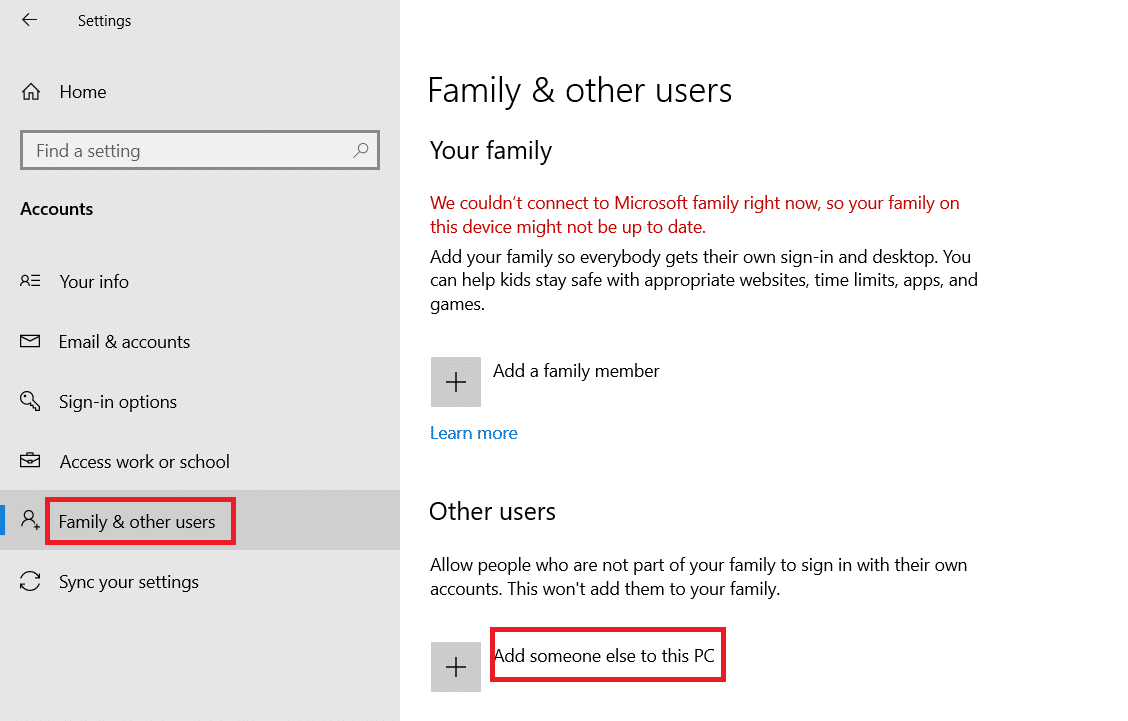 Cliquez sur famille et autres utilisateurs et ajoutez quelqu'un d'autre à ce PC