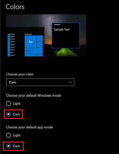 เลือก Dark สำหรับ Windows และแอพ