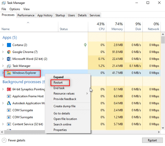 Windows 탐색기를 다시 시작합니다. Windows 10에서 파일 탐색기 어두운 테마가 작동하지 않는 문제 수정