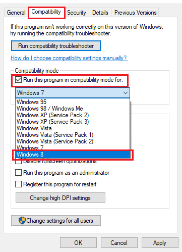 Aktivieren Sie das Kontrollkästchen Dieses Programm im Kompatibilitätsmodus ausführen für