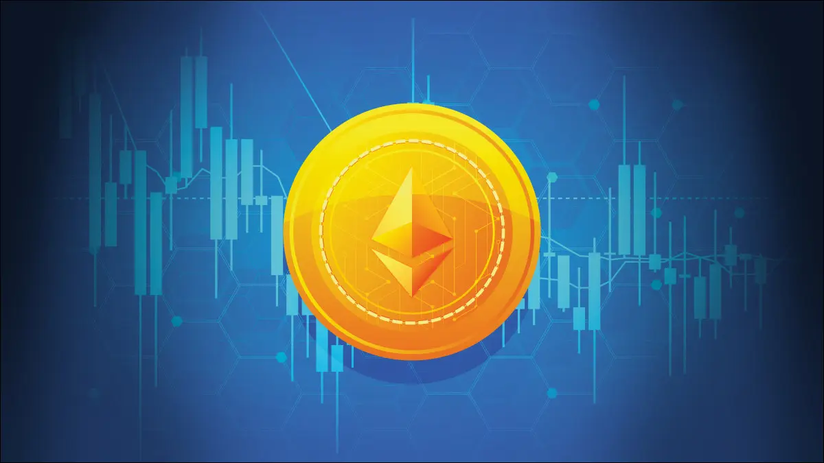 O ilustrare a unei monede Ethereum pe un fundal albastru