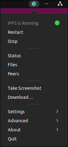 O menu do indicador do aplicativo IPFS