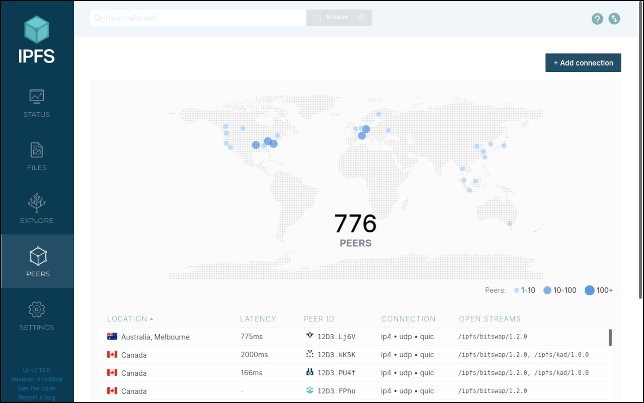 Écran des pairs de l'interface Web IPFS