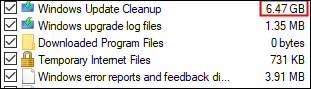 Exemple de nettoyage du système, avec la taille des restes de mise à jour de Windows dans la case rouge