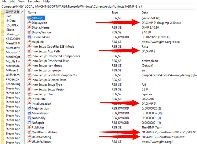 Beberapa hasil pencarian GIMP ditemukan di registry.