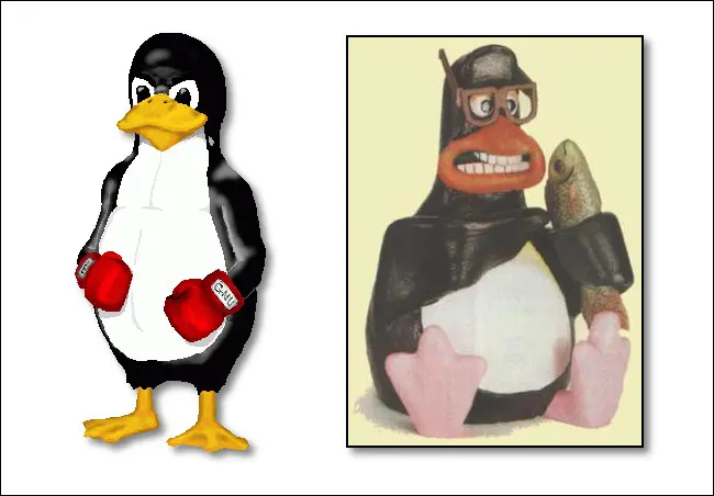 Bild eines frühen Tux von Larry Ewing und Pinguin von Aardman Animations, der den endgültigen Tux inspirierte