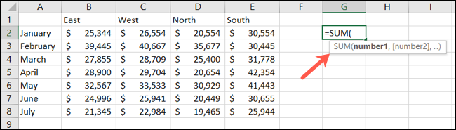 Formel für SUMME in Excel