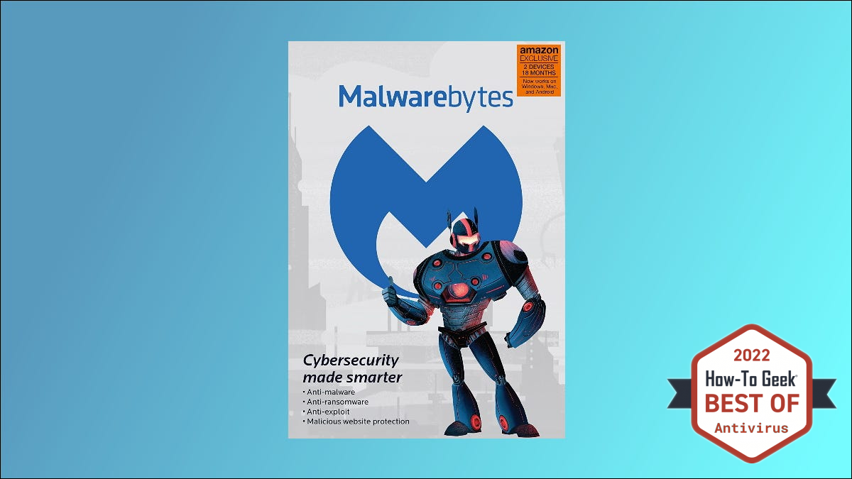 กล่อง Malwarebytes บนพื้นหลังสีน้ำเงิน