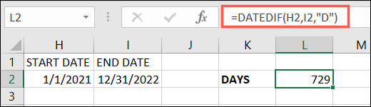 ฟังก์ชัน DATEIF สำหรับวัน