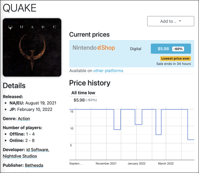 Halaman informasi game DekuDeals