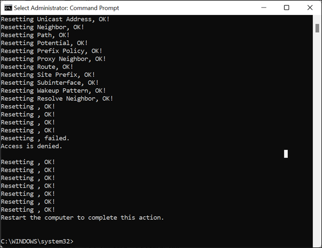 TCP/IP-Reset erfolgreich