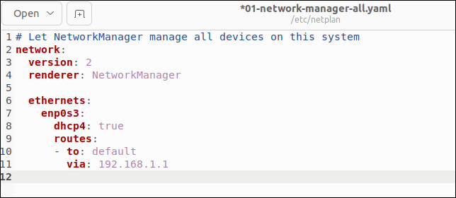 Contenuto del file di configurazione del gestore di rete