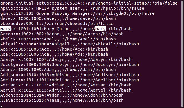 Cercando l'account mary nel file /etc/passwd, in less