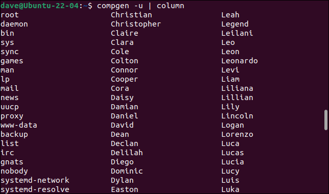 การใช้คำสั่ง compgen และคอลัมน์เพื่อแสดงรายการชื่อบัญชีผู้ใช้จากไฟล์ /etc/passwd ในคอลัมน์