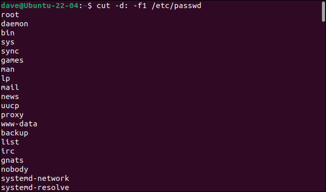 Usar el comando de corte para mostrar solo los nombres de usuario del archivo /etc/passwd