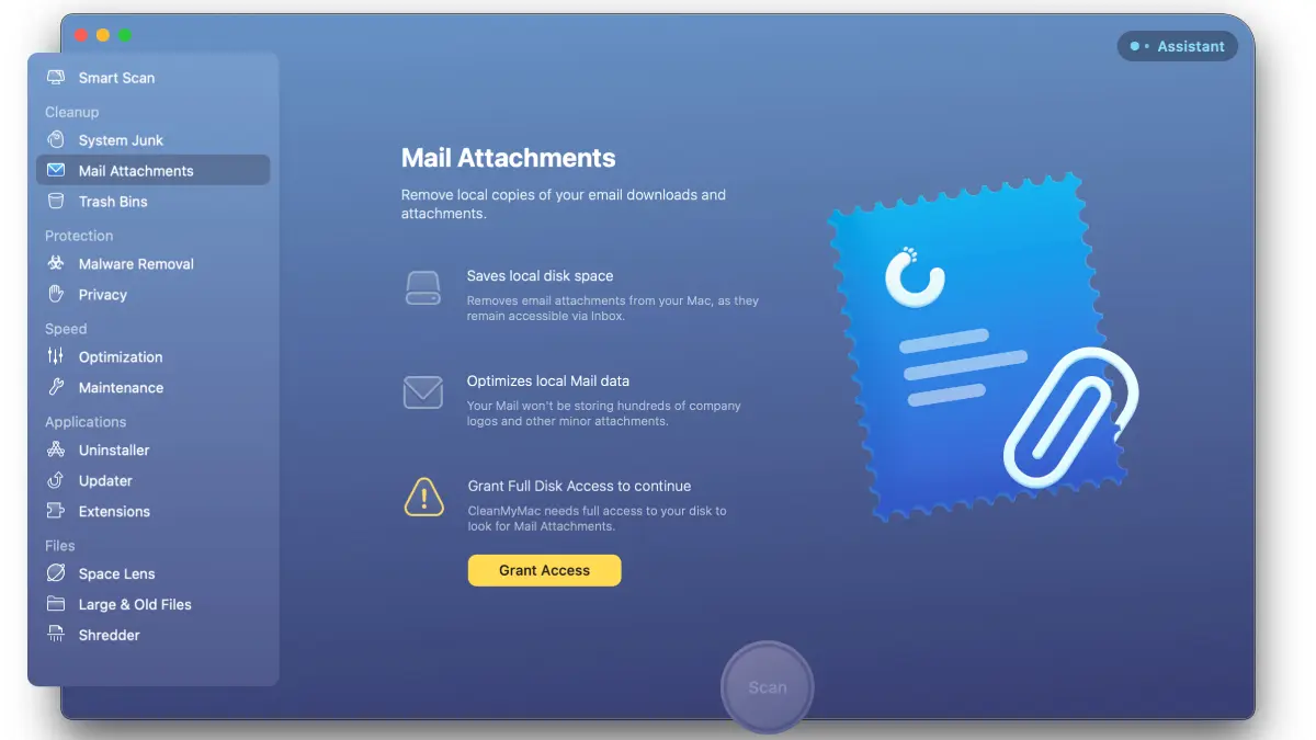 Registerkarte CleanMyMac X Mail-Anhänge