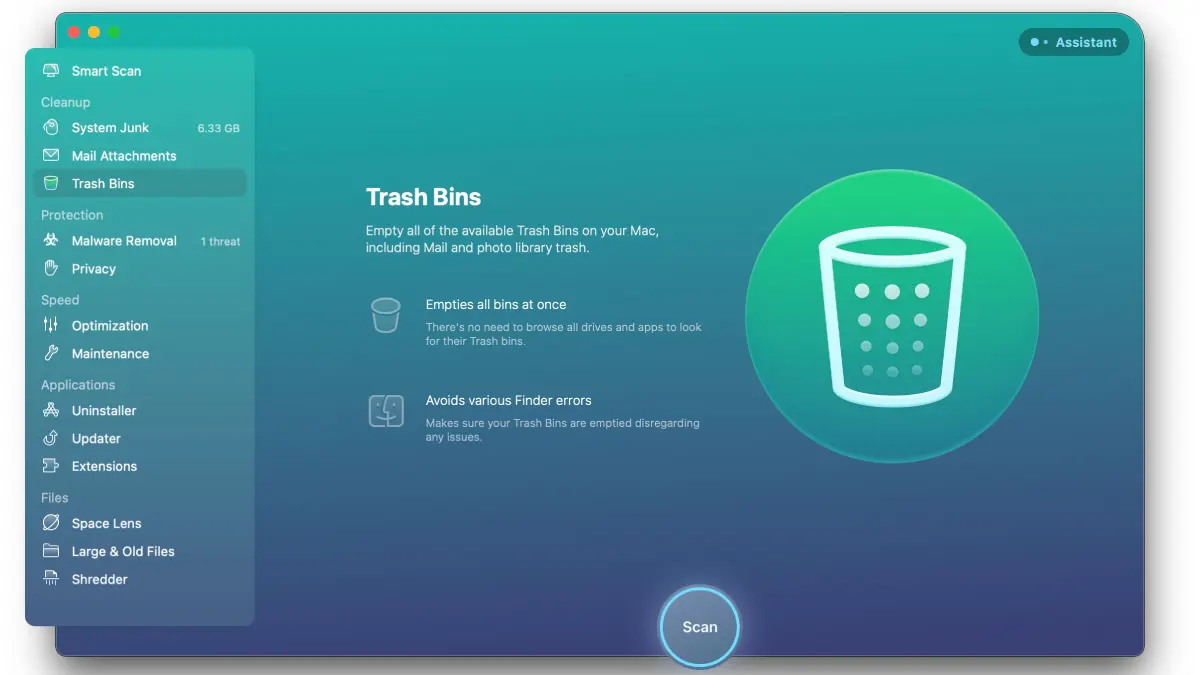 علامة التبويب CleanMyMac X Trash Bins