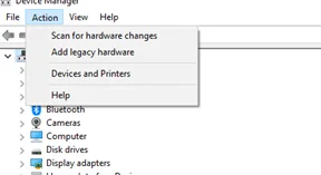 Klik opsi Tindakan di bagian atas halaman dan pilih Pindai perubahan perangkat keras
